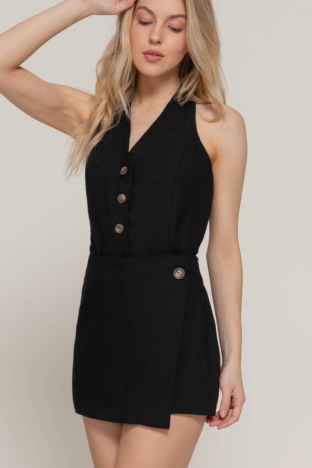 Front Button Detail Side Zipper Closure Linen Effect Skort