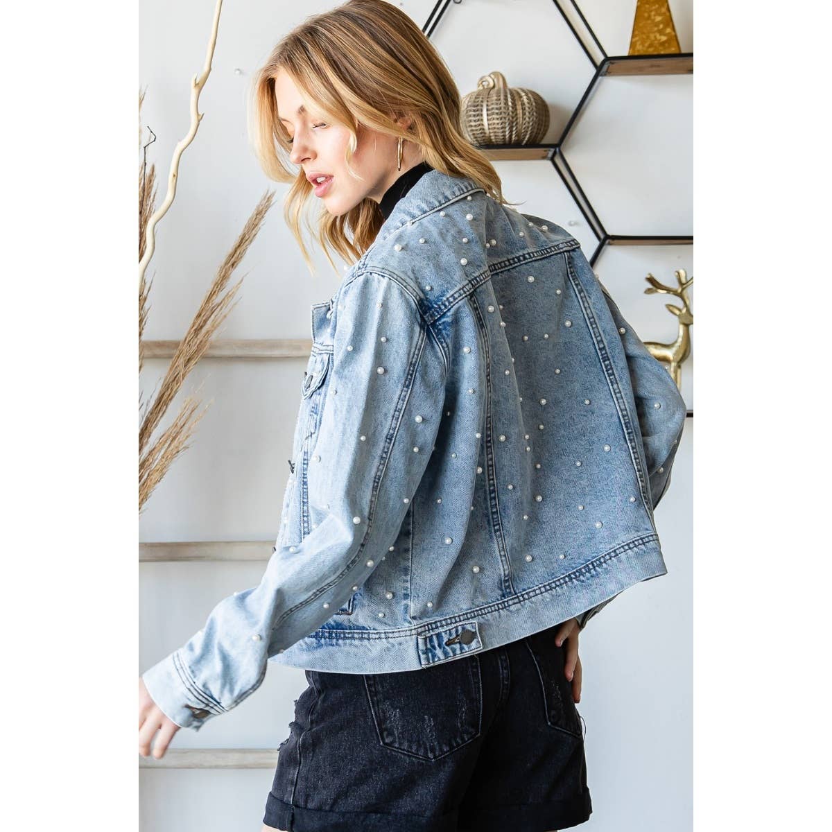 Denim Jacket- All Over Pearl Cropped