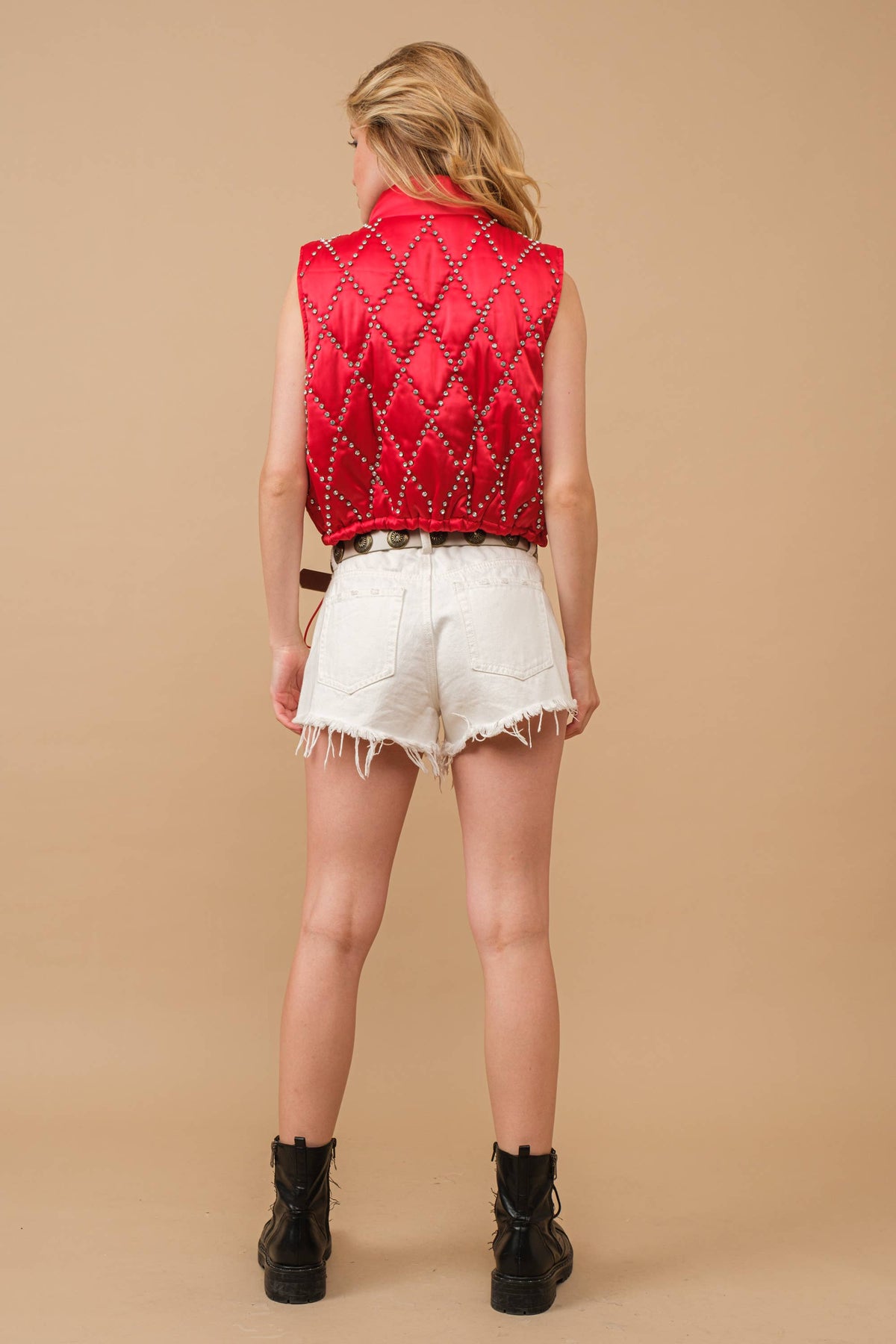 Vest- Shiny Woven Studded Crop Puffer Zip Up