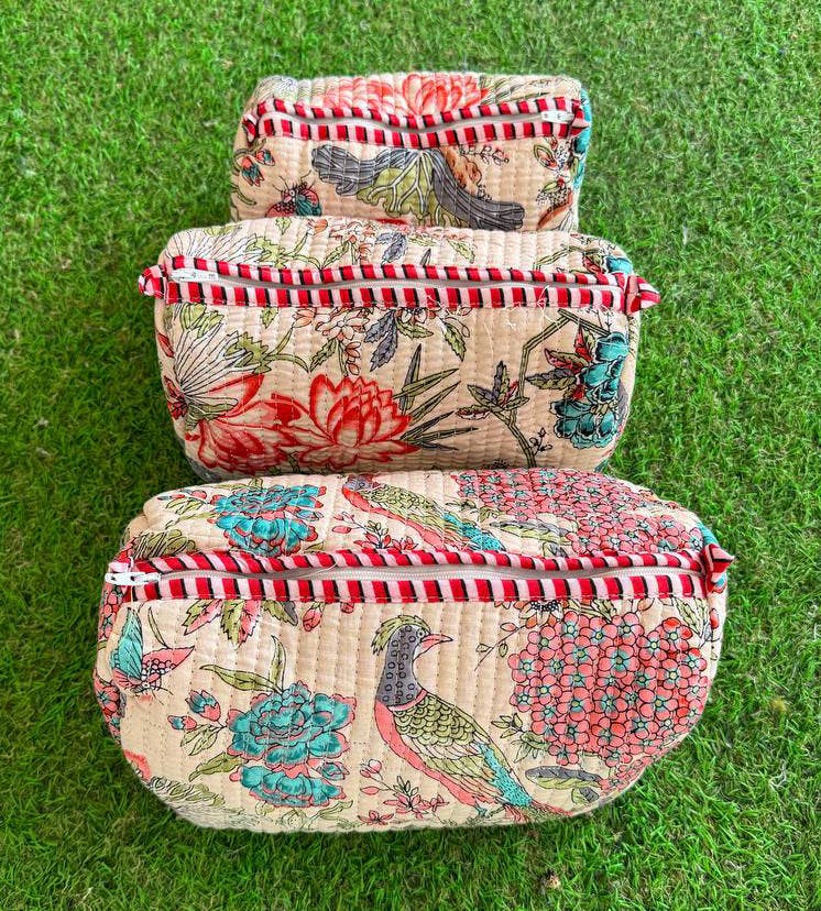 Bird Print Cotton Bag Cosmetic Hand Bag Quilted Toiletry Bag