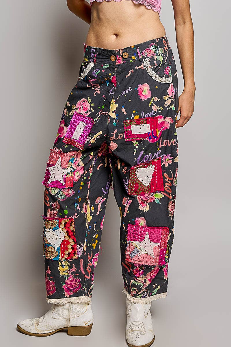 Pant- Heart Star Patch Elastic Waistband Lace Trim