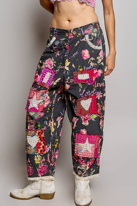 Pant- Heart Star Patch Elastic Waistband Lace Trim