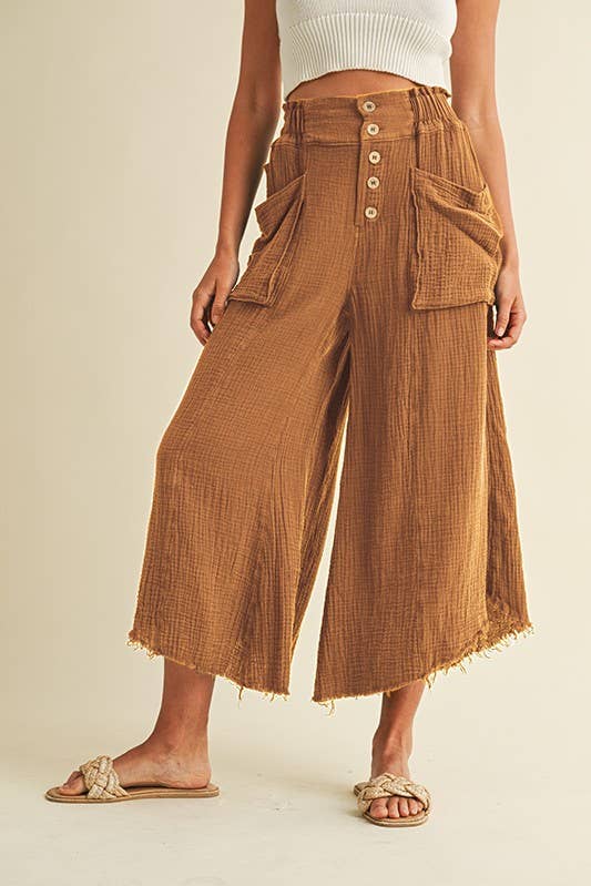 Pants - Mineral Washed Fray Hem Linen Cotton Wide