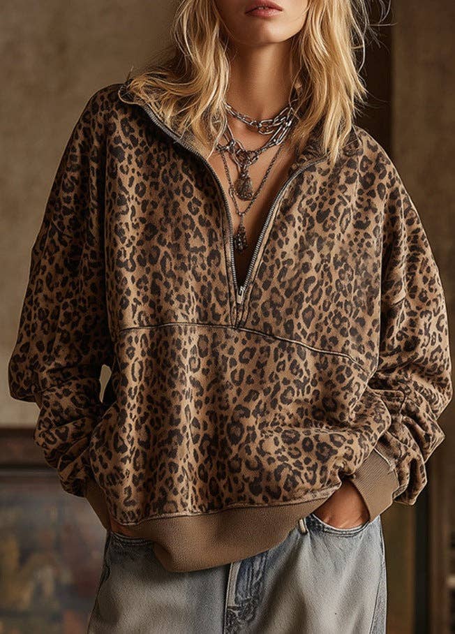Sweatshirt - Leopard Print Half Zip Oversized Pullover