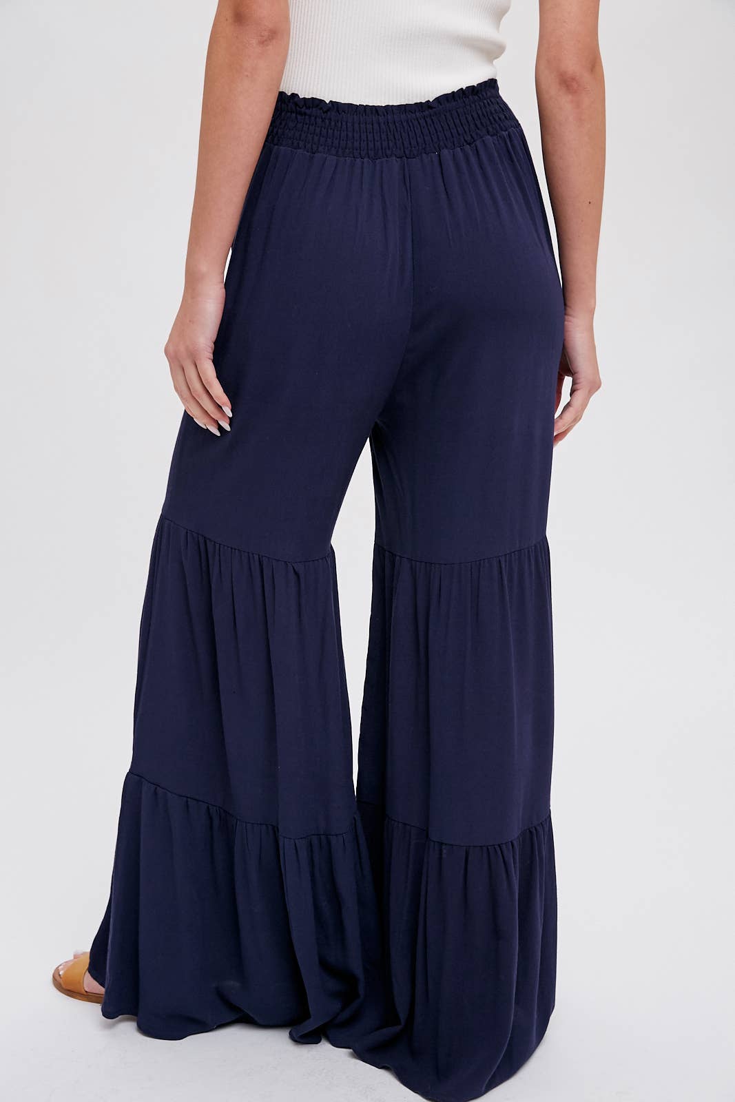 TIERED RUFFLE HIGH WAISTED WIDE-LEG PANTS