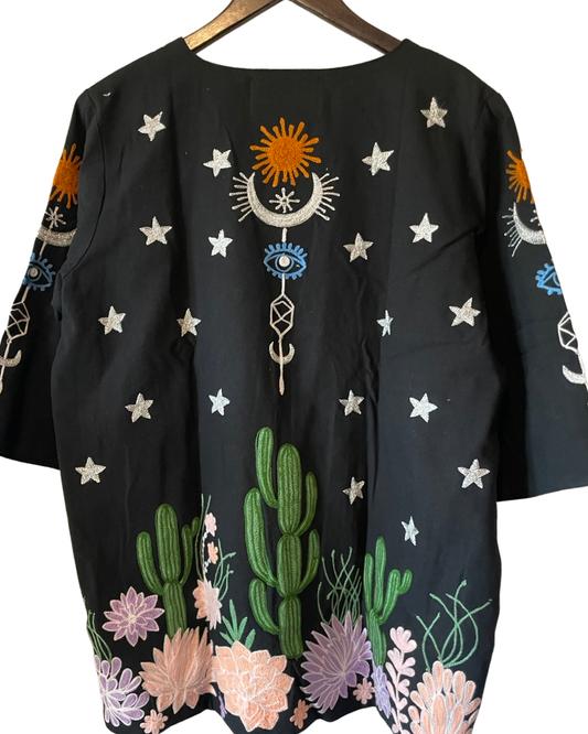Embroidered Cactus Bohemian Night Sky w/ Evil Eye Jacket blk