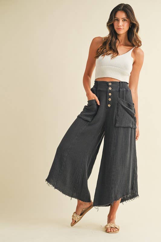 Pants - Mineral Washed Fray Hem Linen Cotton Wide