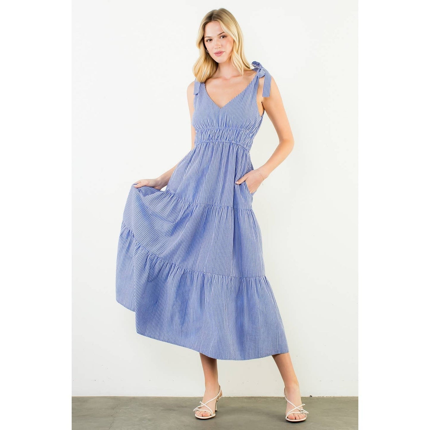 Dress - Tie Strap Striped Tiered Maxi