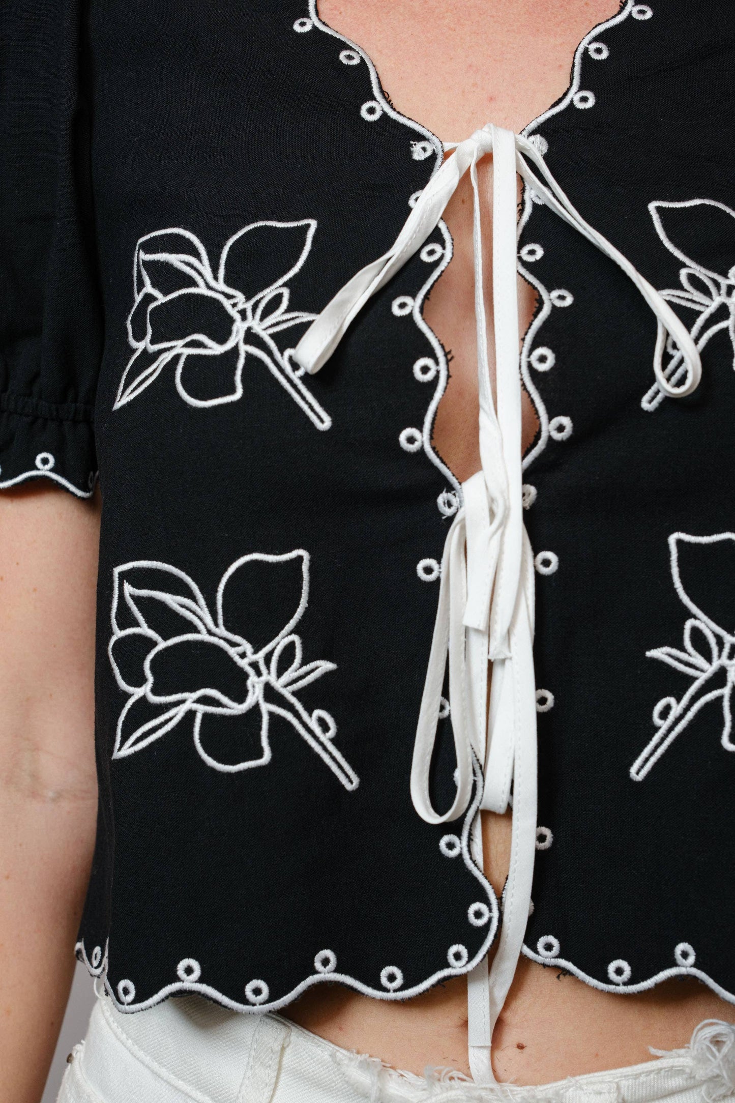 Shirt - Puff Sleeve Embroidered Tie Front