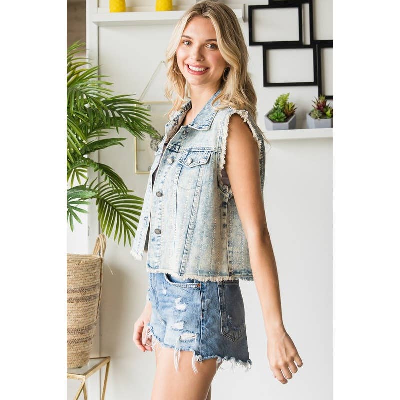 Up-cycled Rhinestone Color Denim Vest
