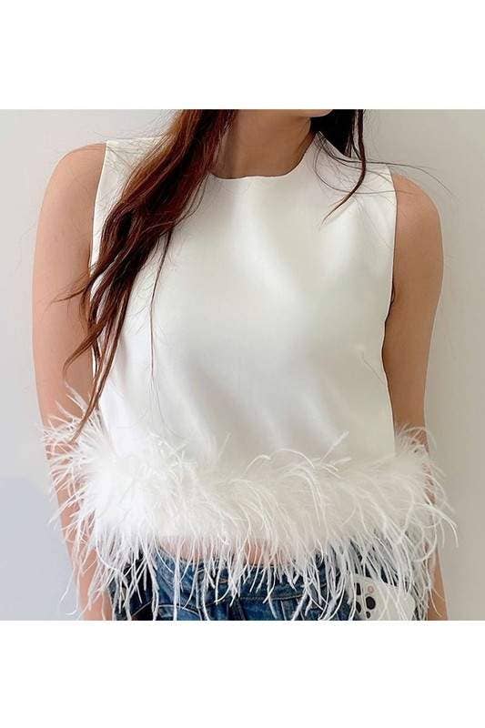 Feather trim sleeveless top feather