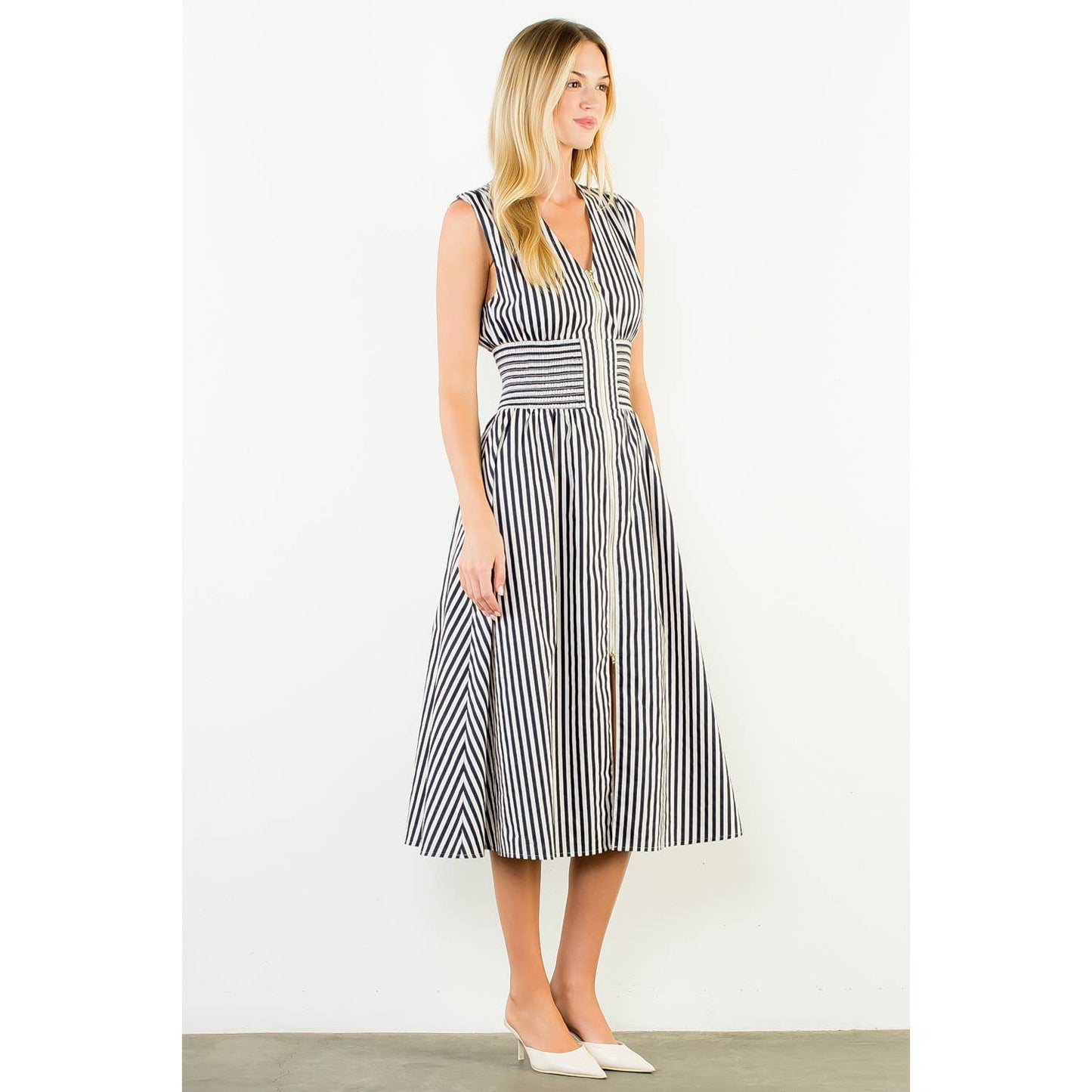 Dress- Sleeveless Vertical Stripes Zippered