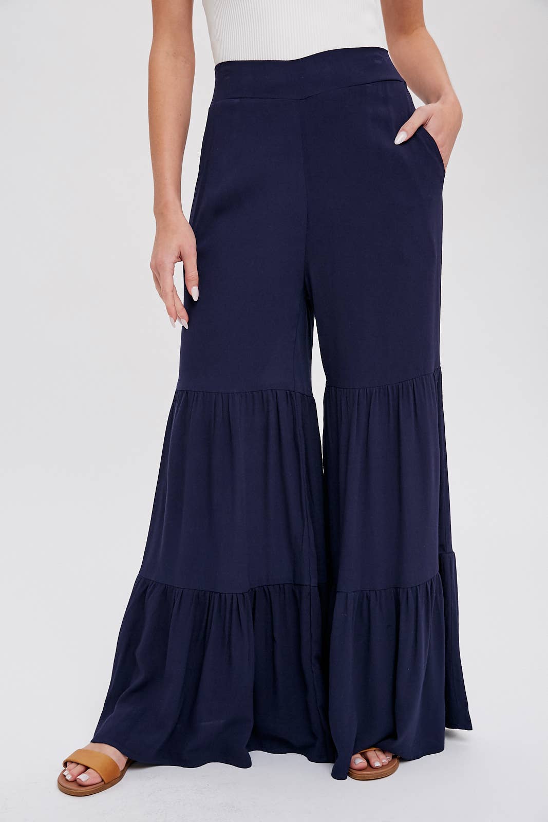 TIERED RUFFLE HIGH WAISTED WIDE-LEG PANTS