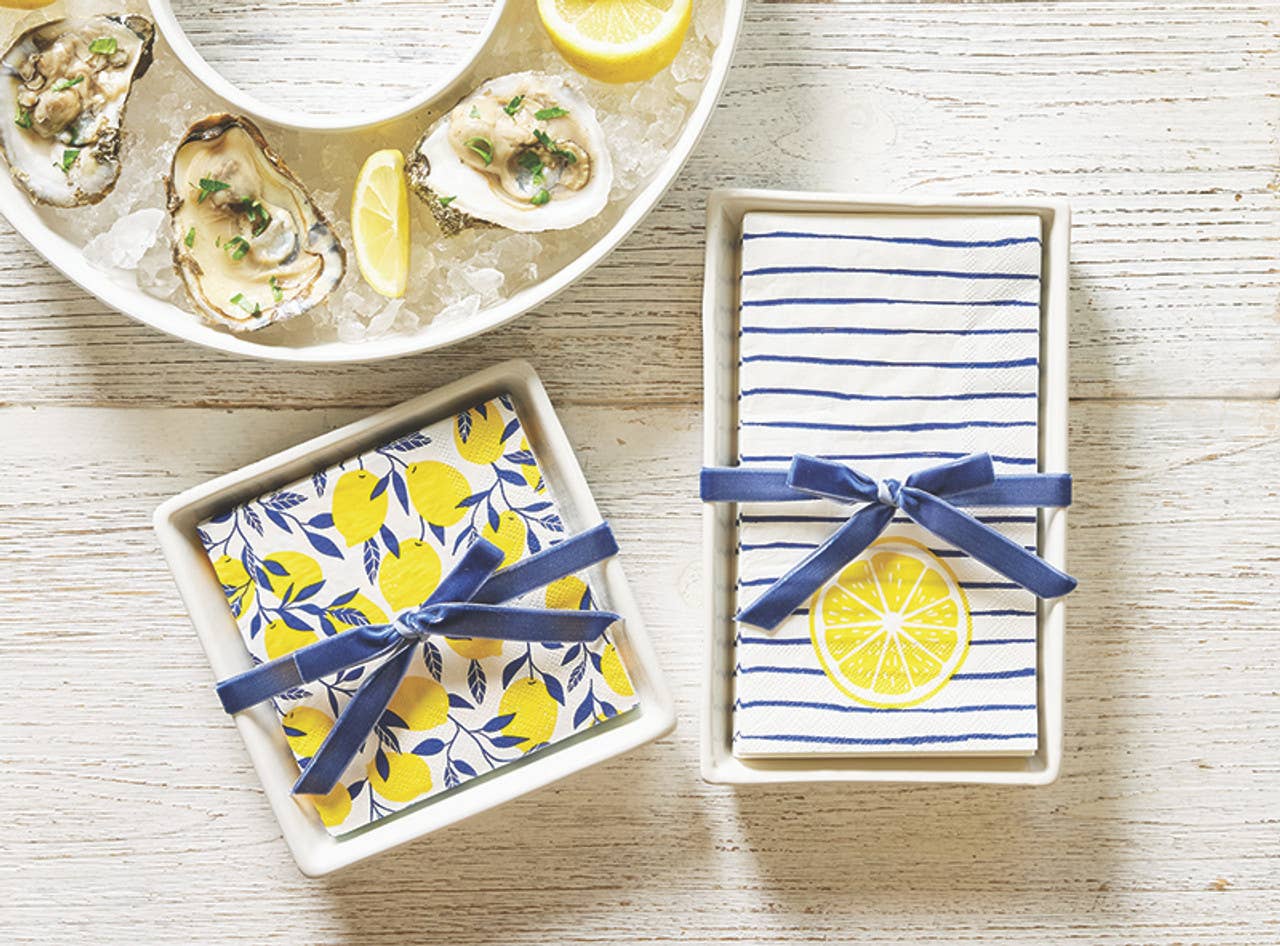Ceramic Guest Napkin Tray + Napkins - Striped Lemon
