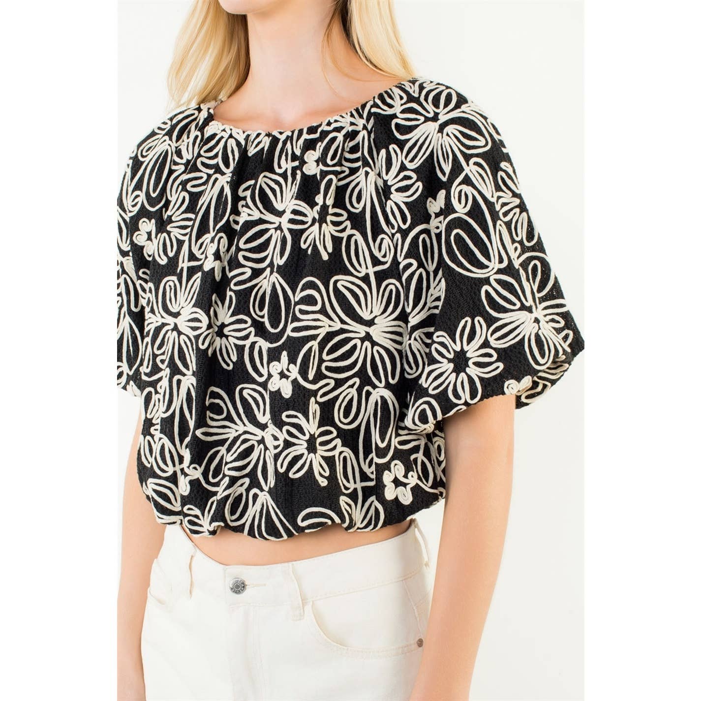 Top - Puff Sleeve Floral Embroidery Detail