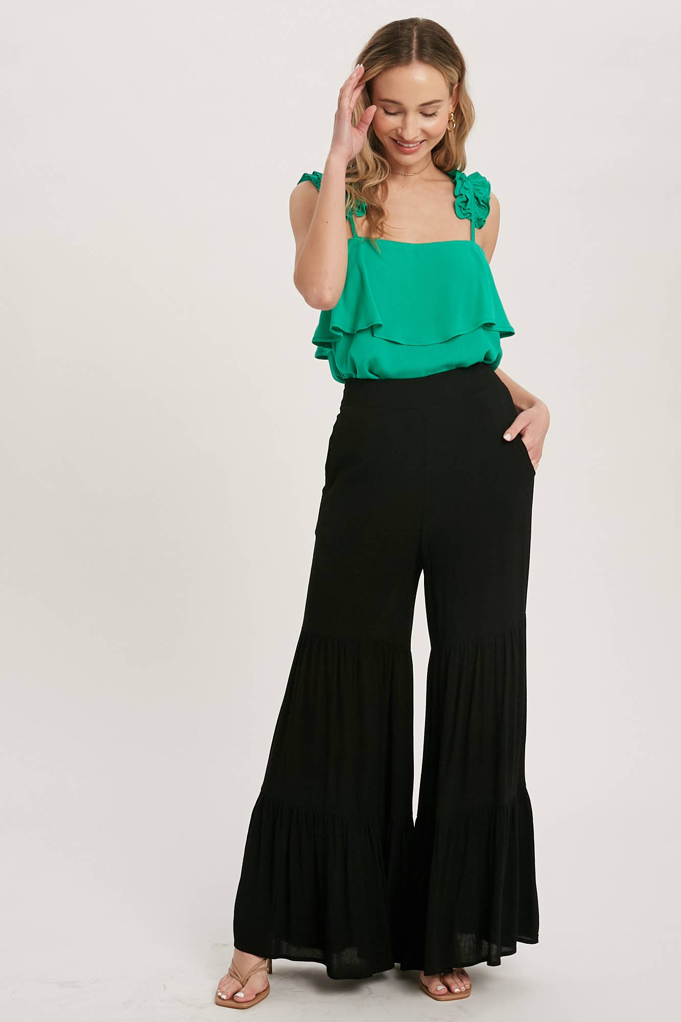 TIERED RUFFLE HIGH WAISTED WIDE-LEG PANTS