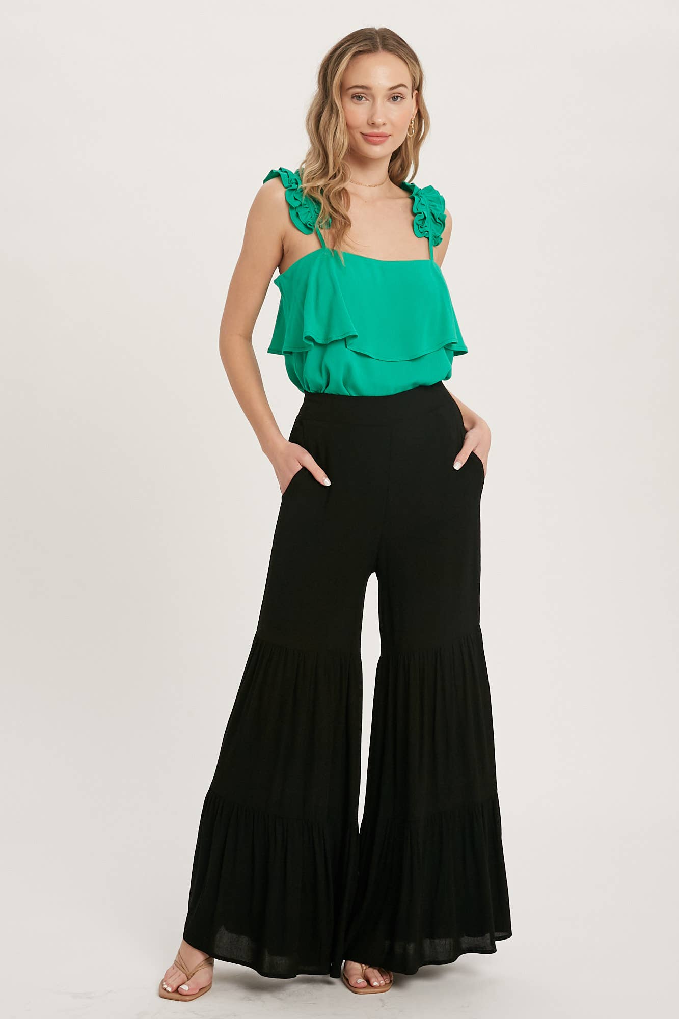 TIERED RUFFLE HIGH WAISTED WIDE-LEG PANTS