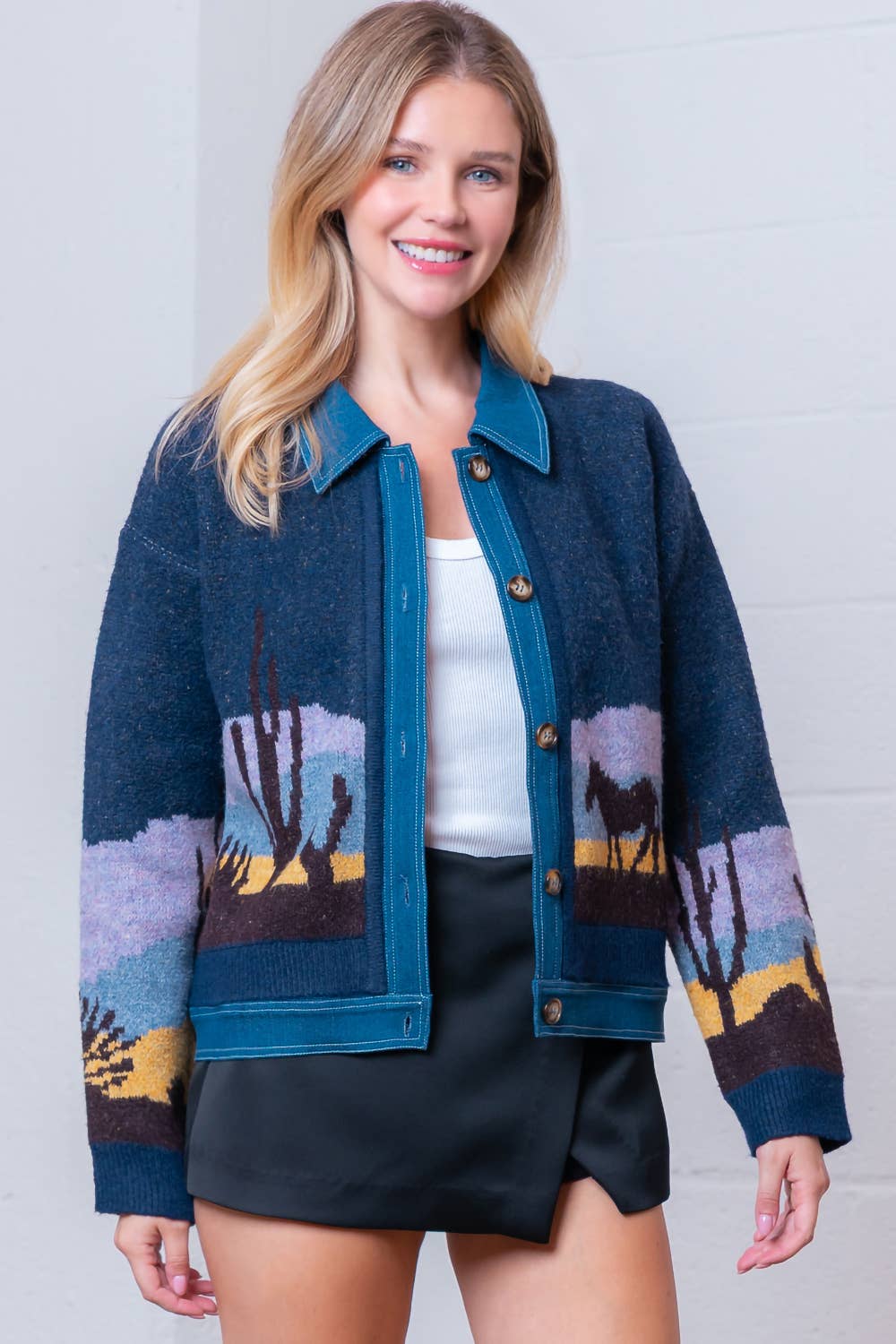 Sweater Jacket- Denim Horse