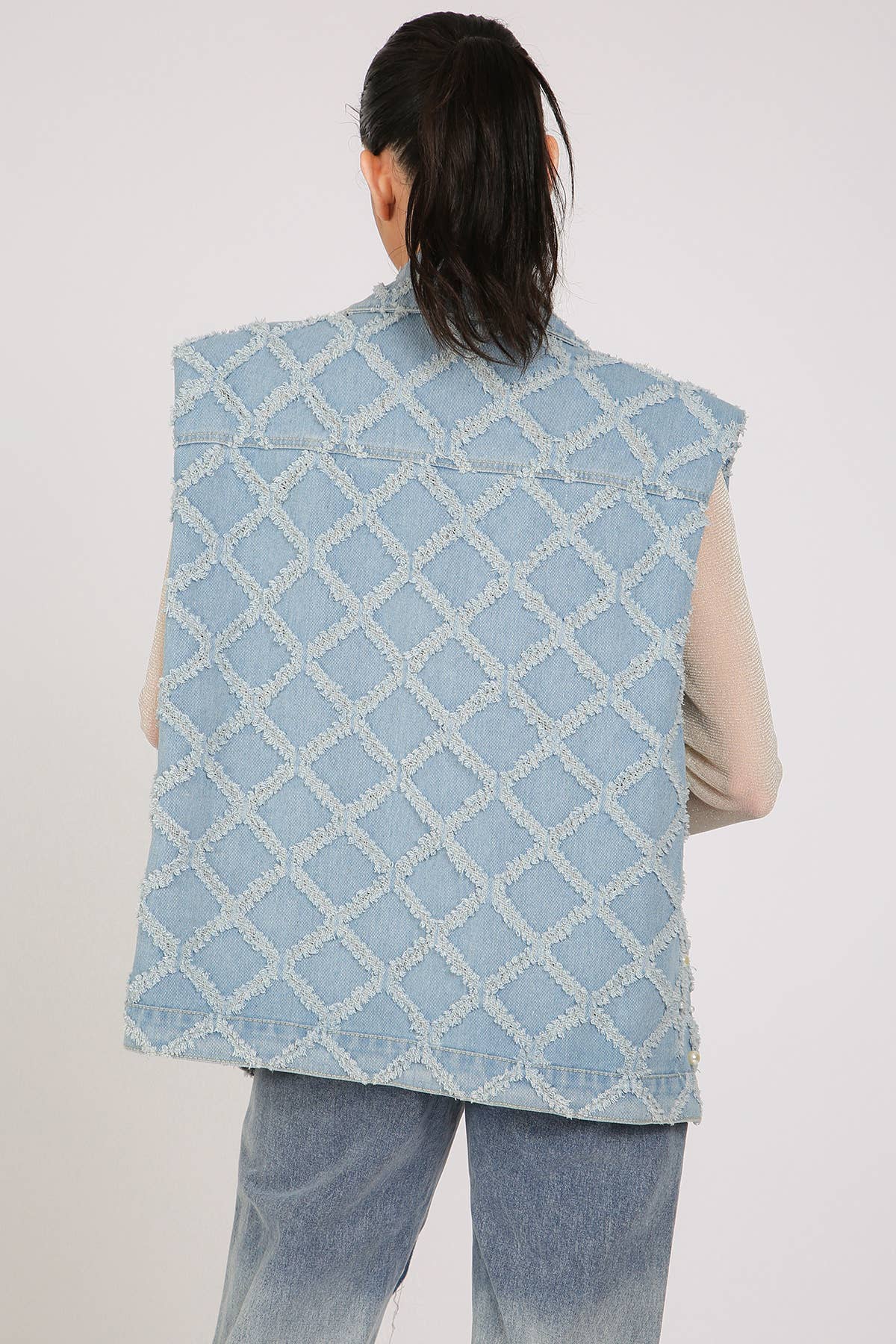 Denim Vest- Fringed & Multi-Pearled