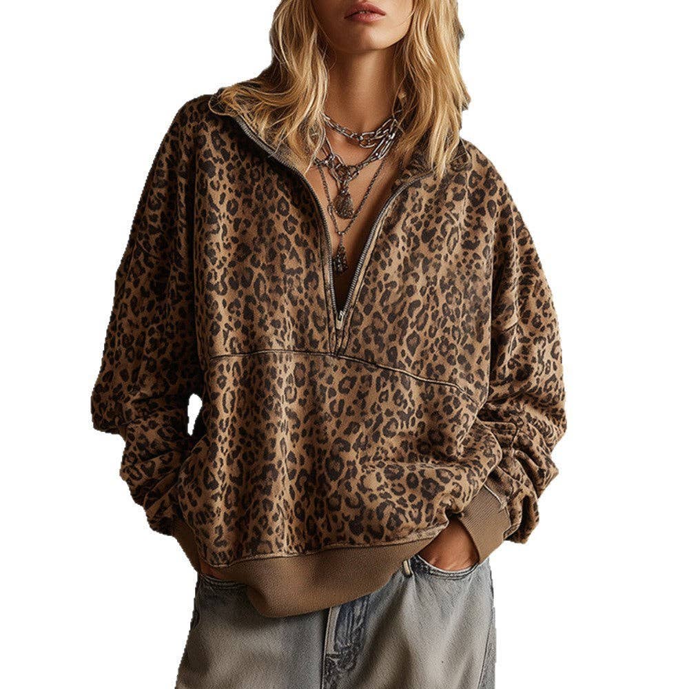 Sweatshirt - Leopard Print Half Zip Oversized Pullover