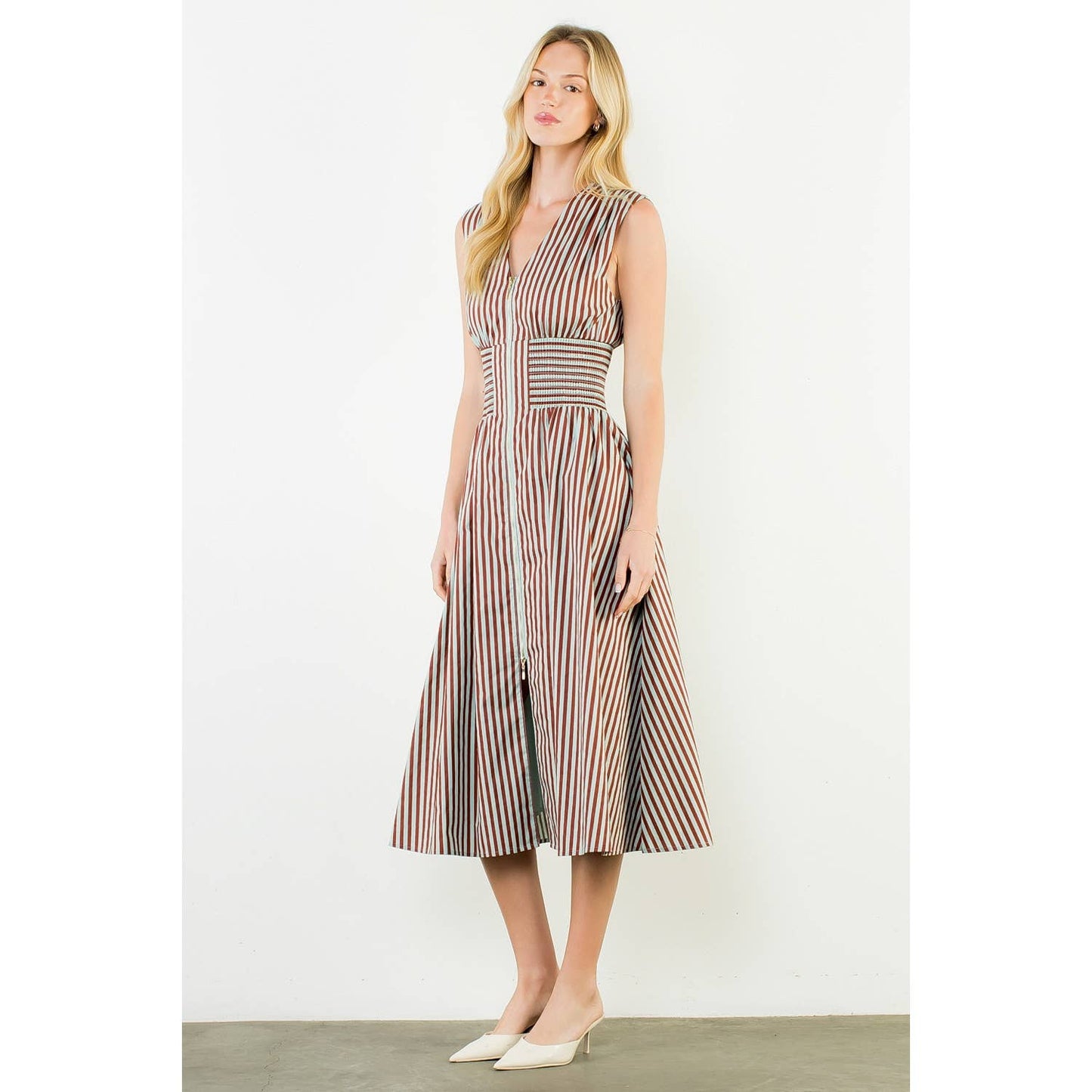 Dress- Sleeveless Vertical Stripes Zippered