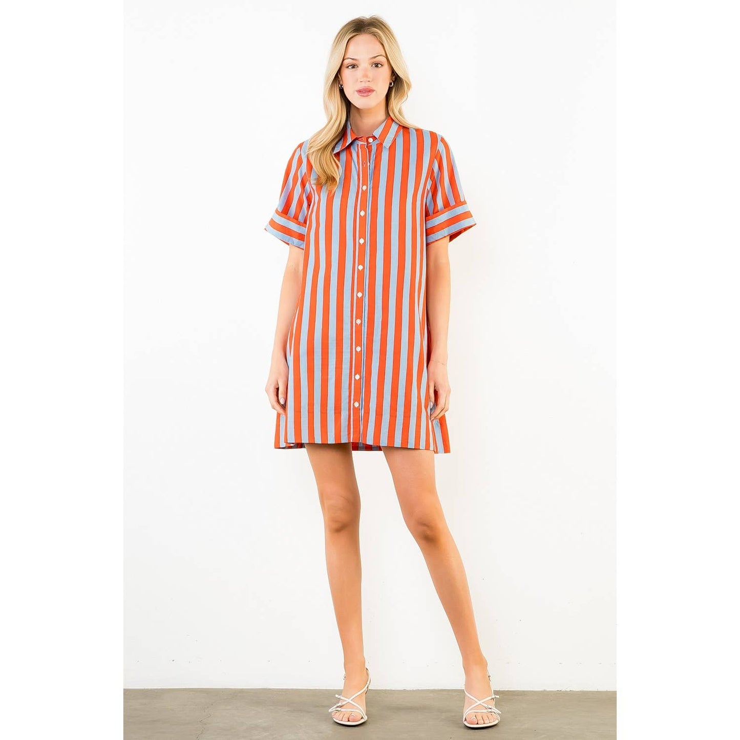 Dress- Short Sleeve Striped Button Up