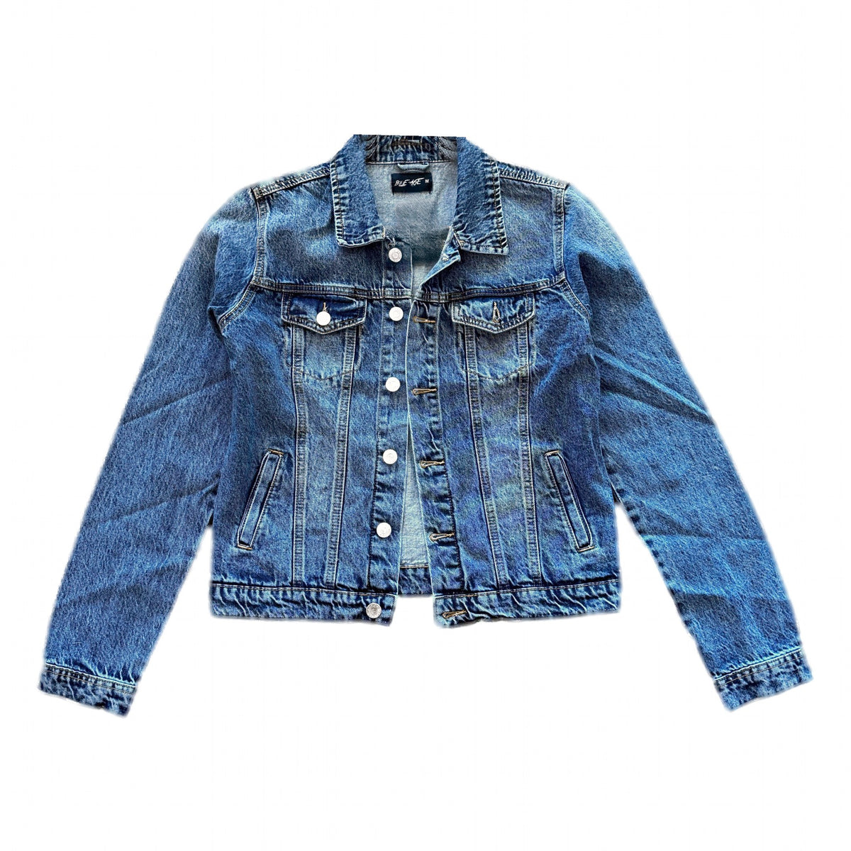 Front of medium-wash button-front denim jacket
