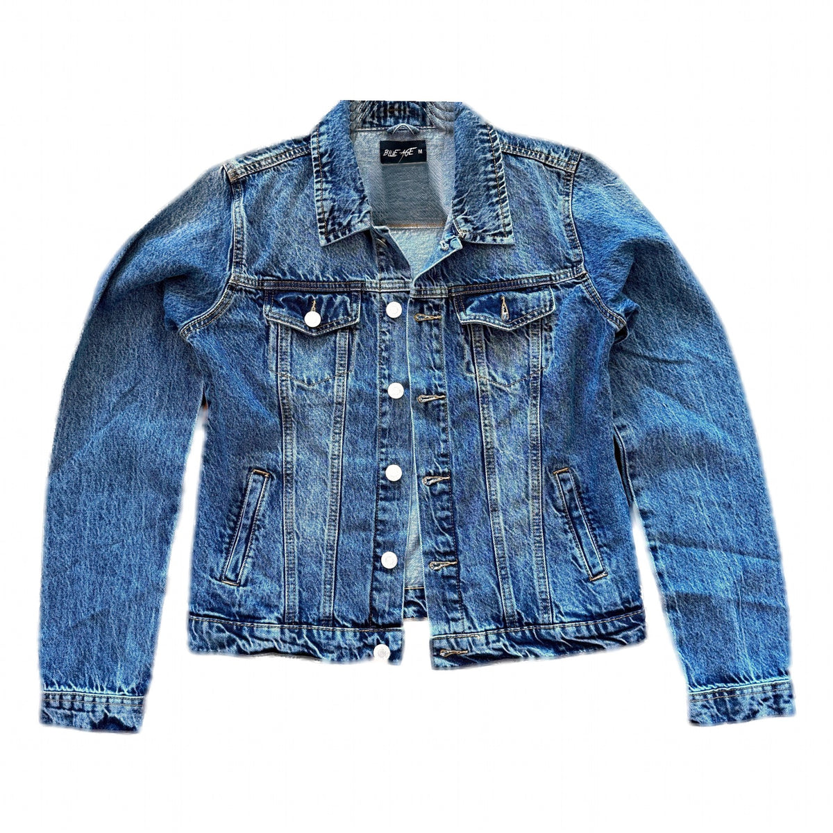 Front of medium-wash button-front denim jacket