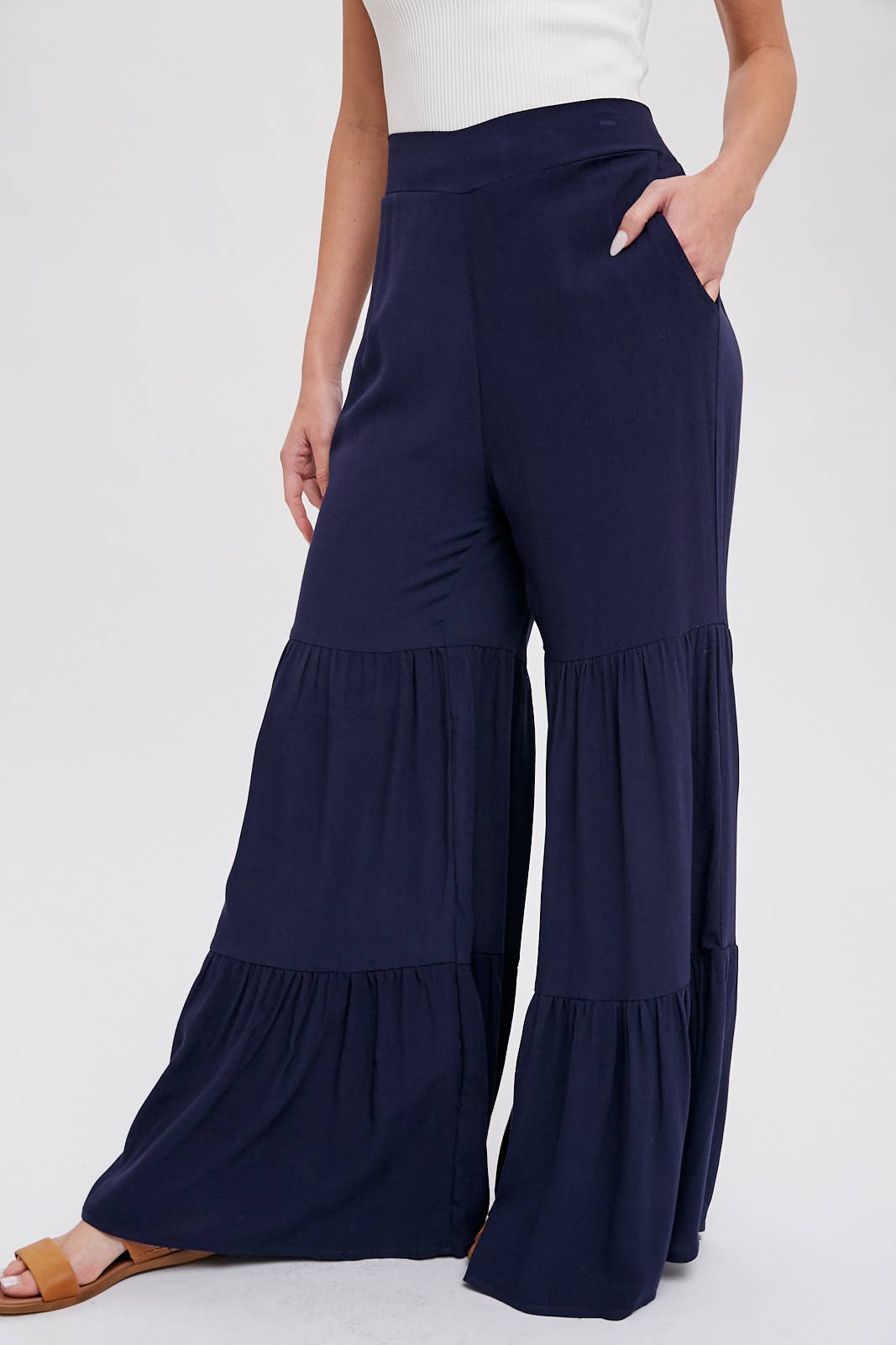 TIERED RUFFLE HIGH WAISTED WIDE-LEG PANTS