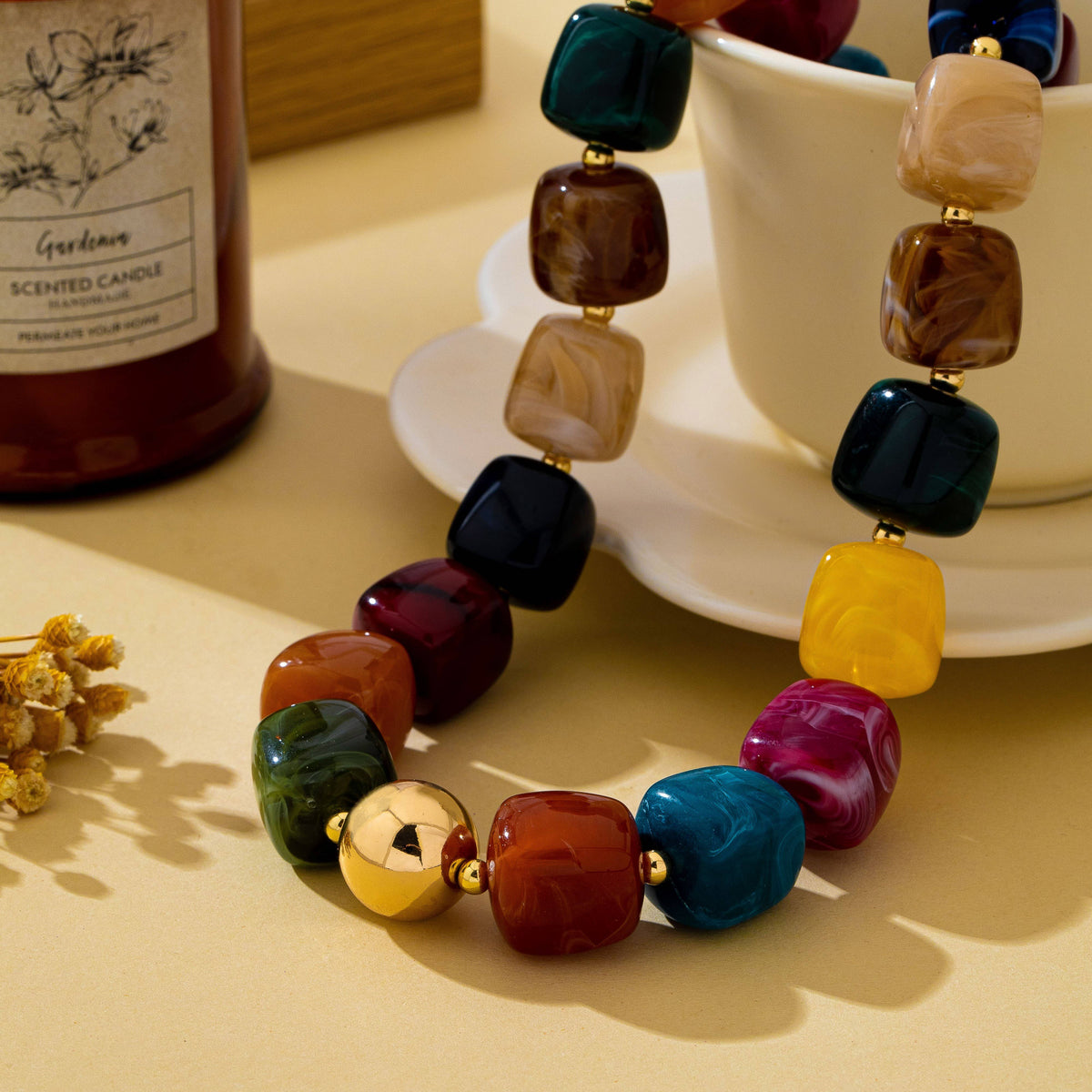 Necklace - Multicolor Marbled Resin Bead