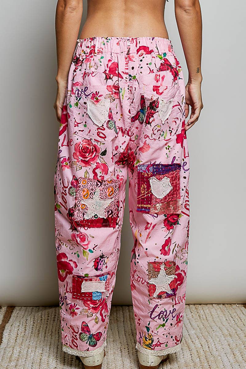 Pant- Heart Star Patch Elastic Waistband Lace Trim