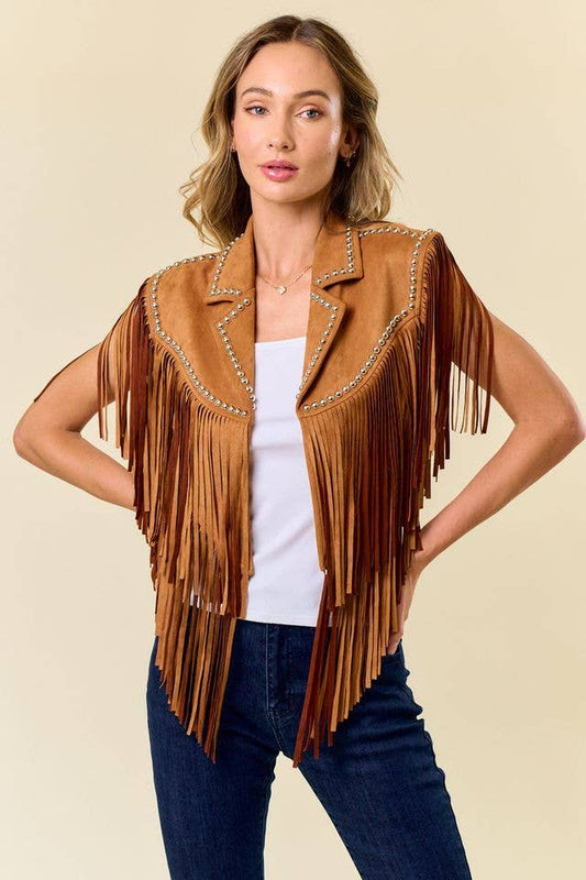 Shrug- Camel Fringe Studded