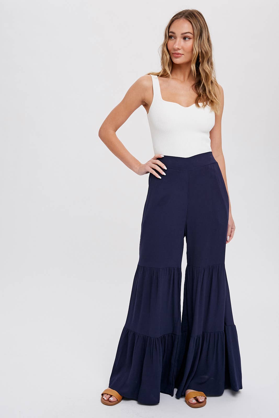 TIERED RUFFLE HIGH WAISTED WIDE-LEG PANTS
