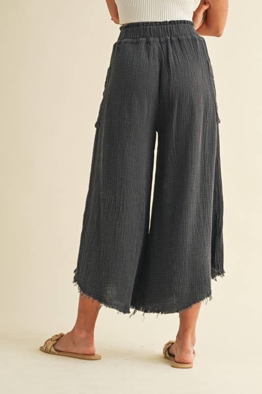 Pants - Mineral Washed Fray Hem Linen Cotton Wide