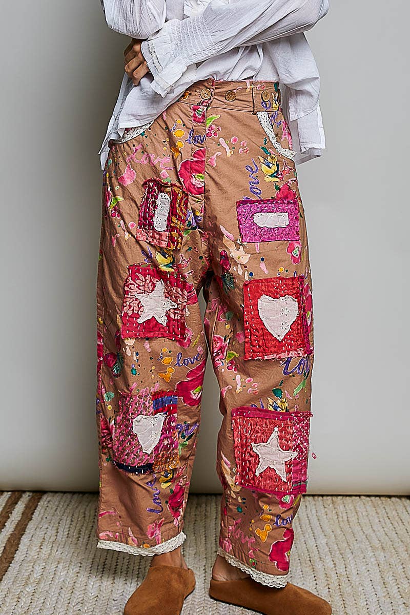 Pant- Heart Star Patch Elastic Waistband Lace Trim