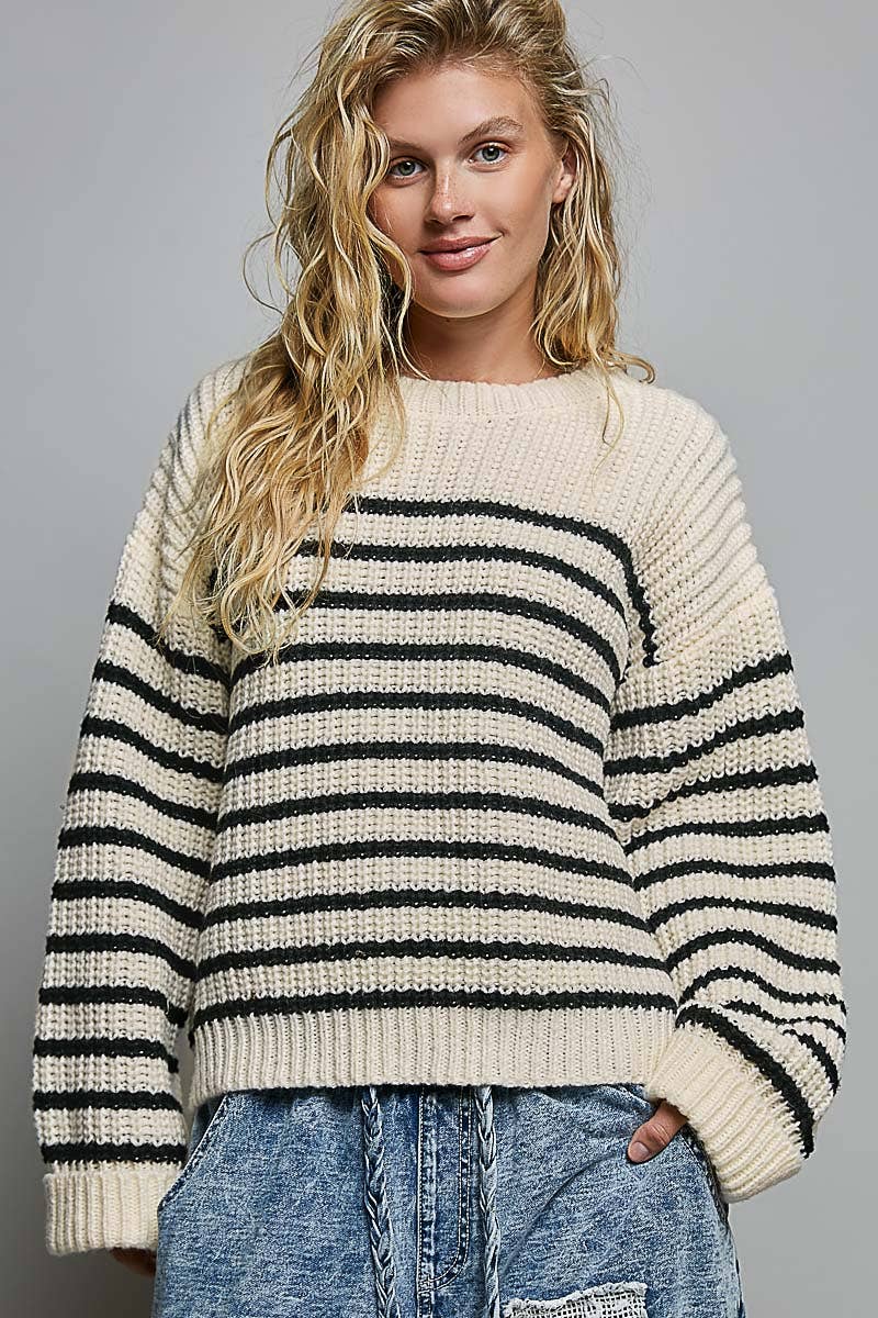 Sweater - Oversized Stripe Long Sleeve Boat Neck