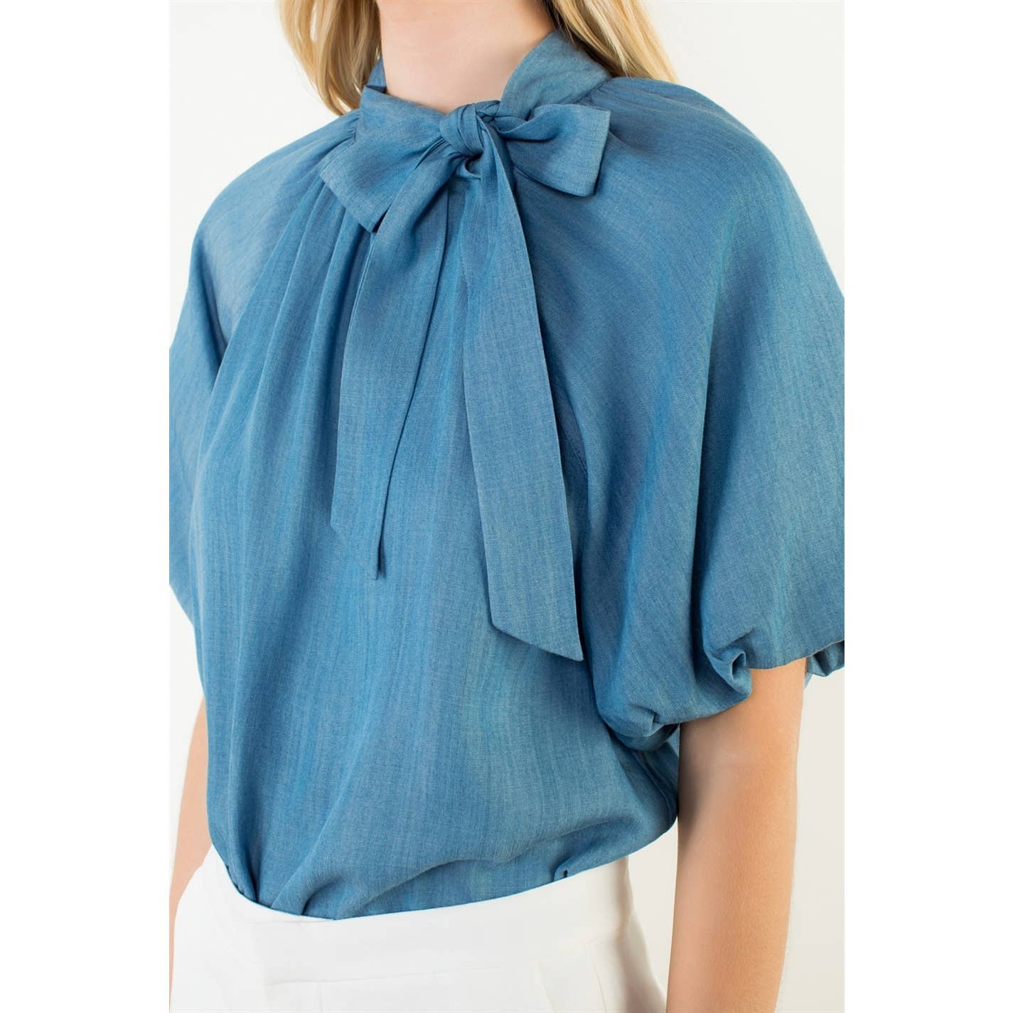 Top - Puff Sleeve Tie Knot Collar