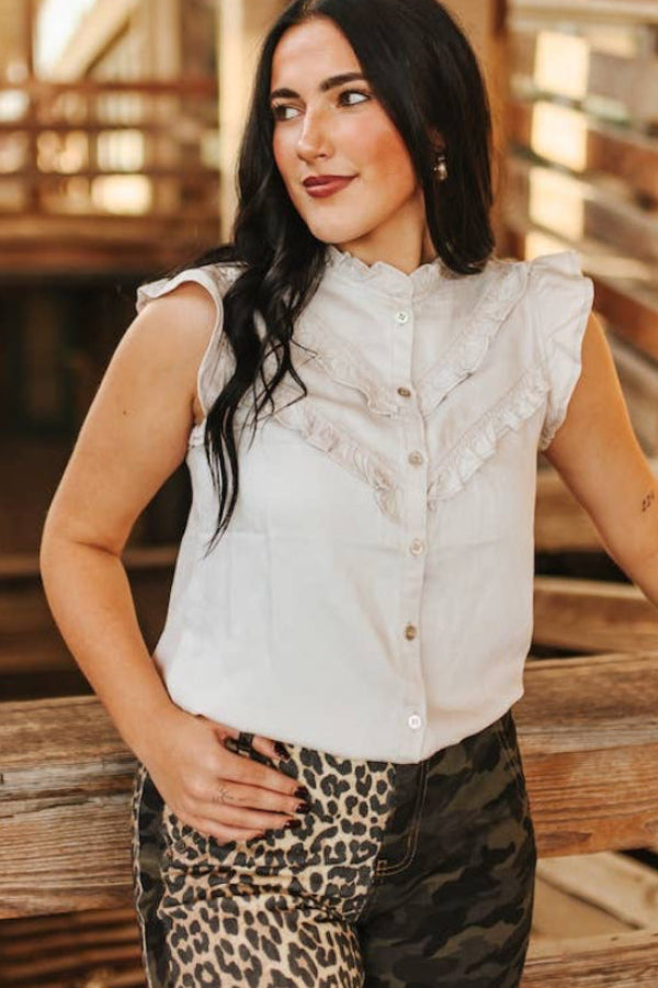 Shirt - Ivory Concho Button Down Ruffle