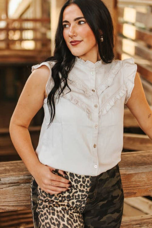 Shirt - Ivory Concho Button Down Ruffle