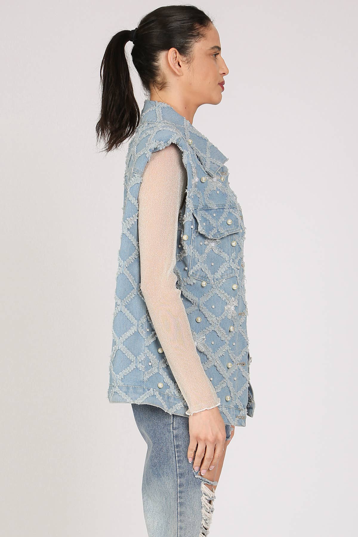 Denim Vest- Fringed & Multi-Pearled