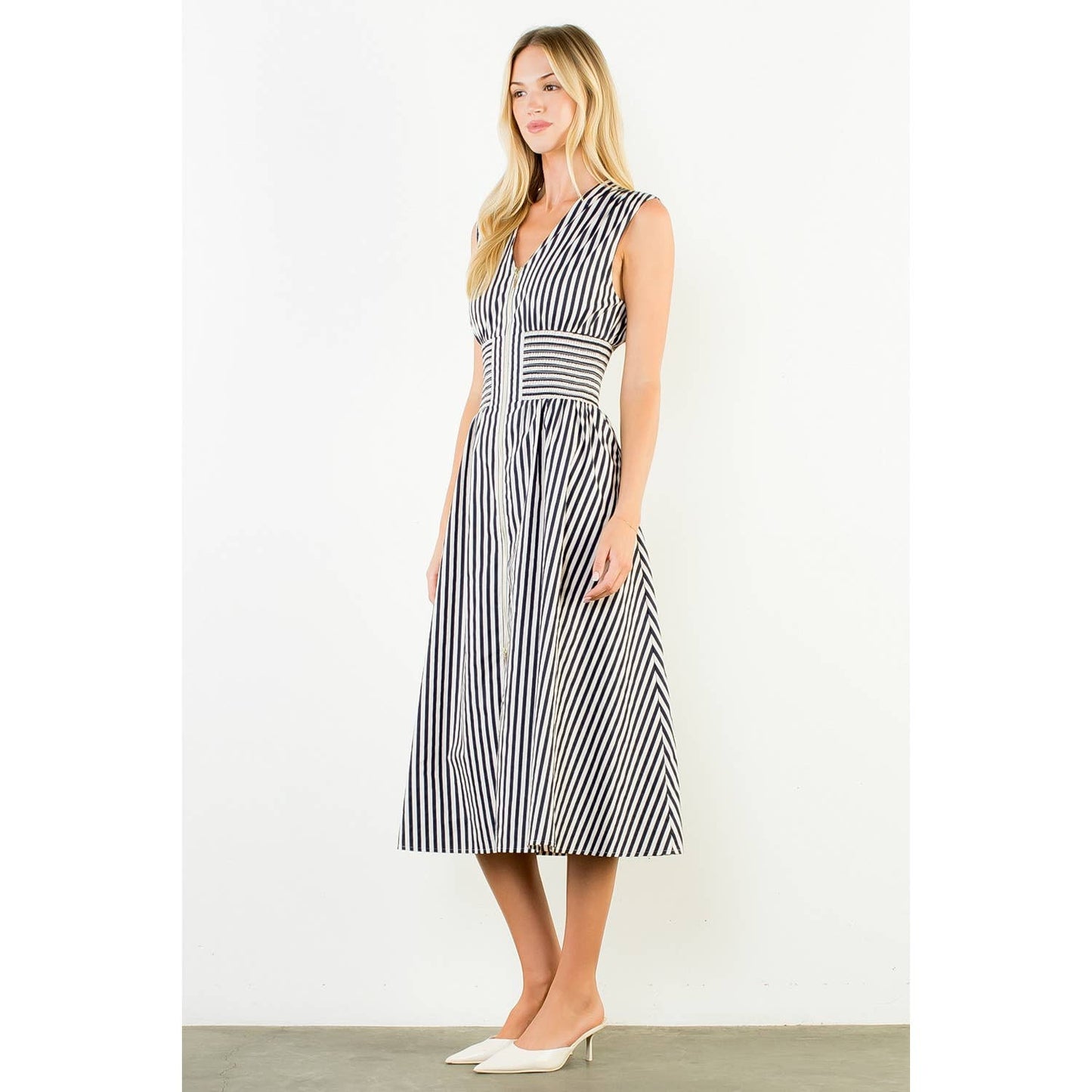 Dress- Sleeveless Vertical Stripes Zippered