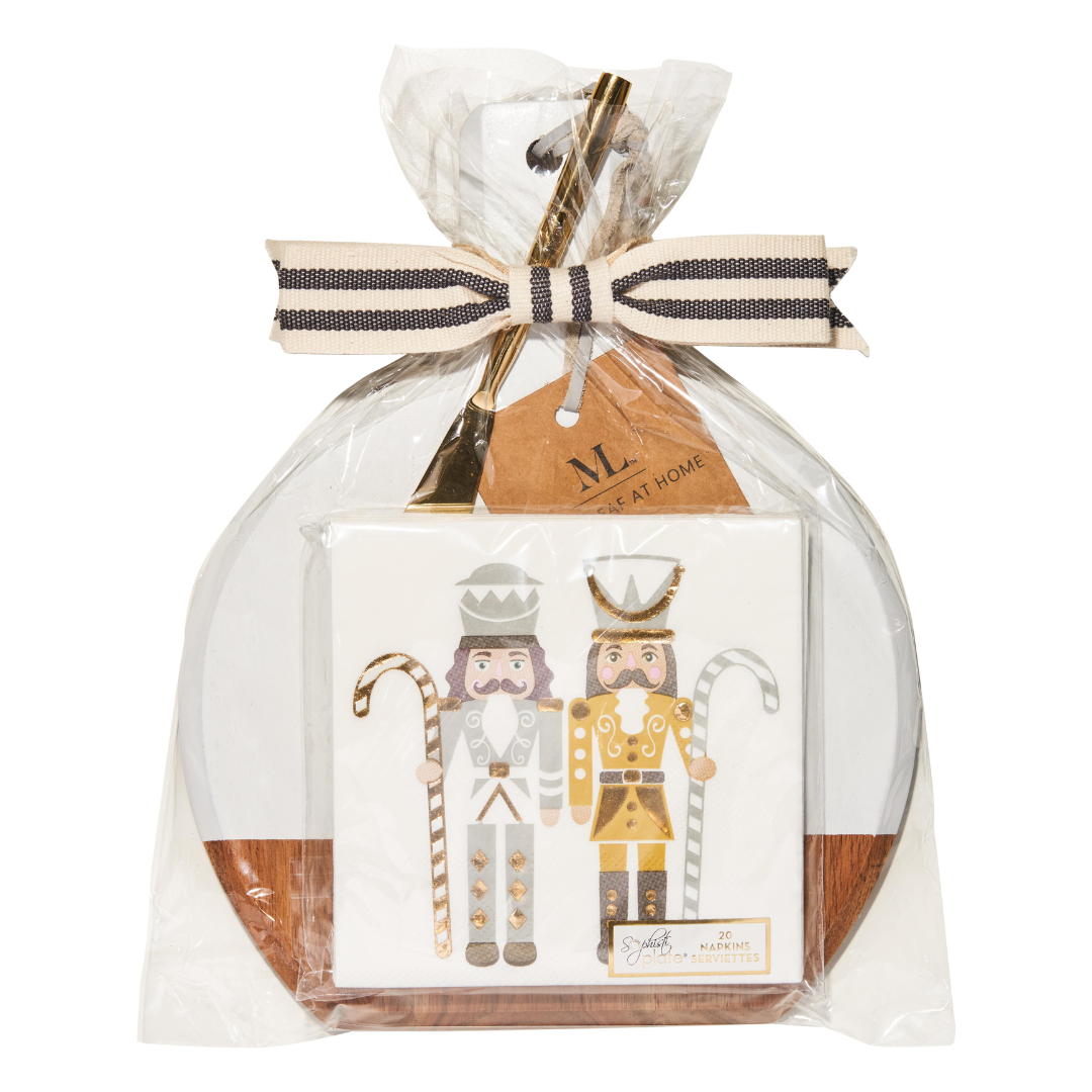 Bevel Board Kit - 9.75 x 8" White Acacia Medium w/ Gold Spreader, Gilded Nutcracker Napkin, and Ribbon