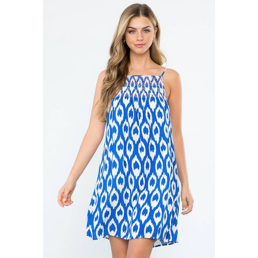 Flowy Blue Smocked Print Dress