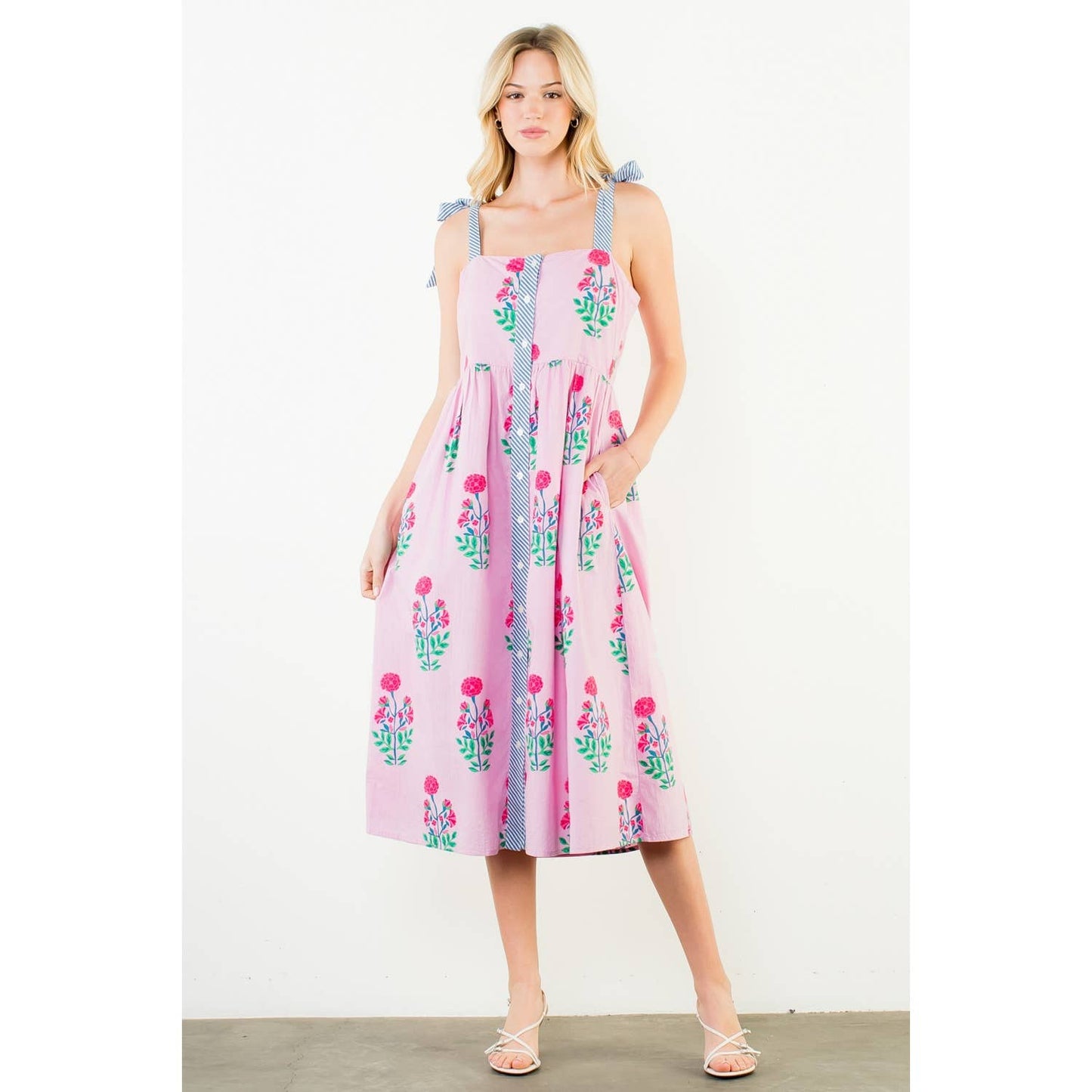 Dress - Tie Strap Floral Pattern Midi