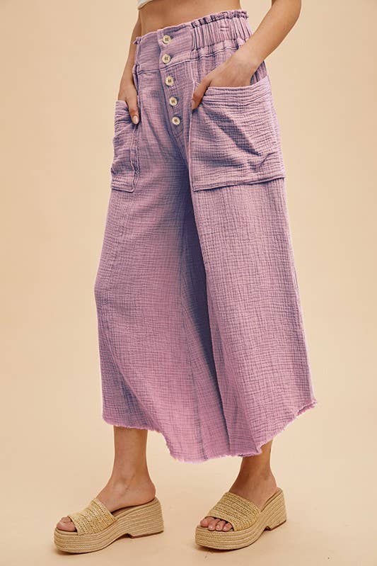 Pants - Mineral Washed Fray Hem Linen Cotton Wide
