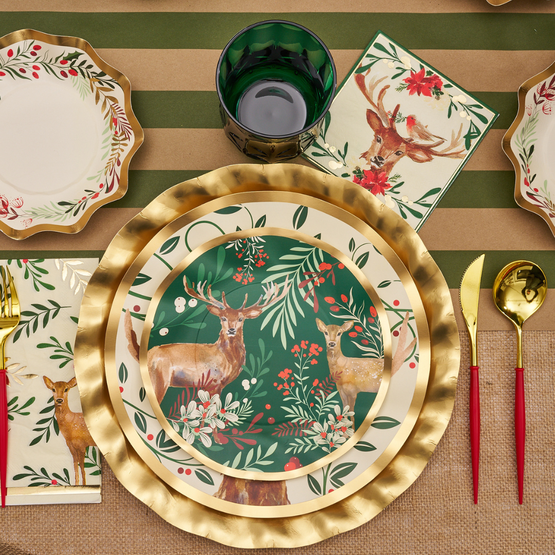 Bevel Board Kit - 9.75 x 8" Green Acacia Medium w/ Gold Spreader, Christmas Forest Napkin, and Ribbon