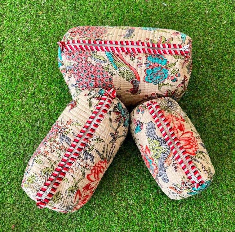 Bird Print Cotton Bag Cosmetic Hand Bag Quilted Toiletry Bag