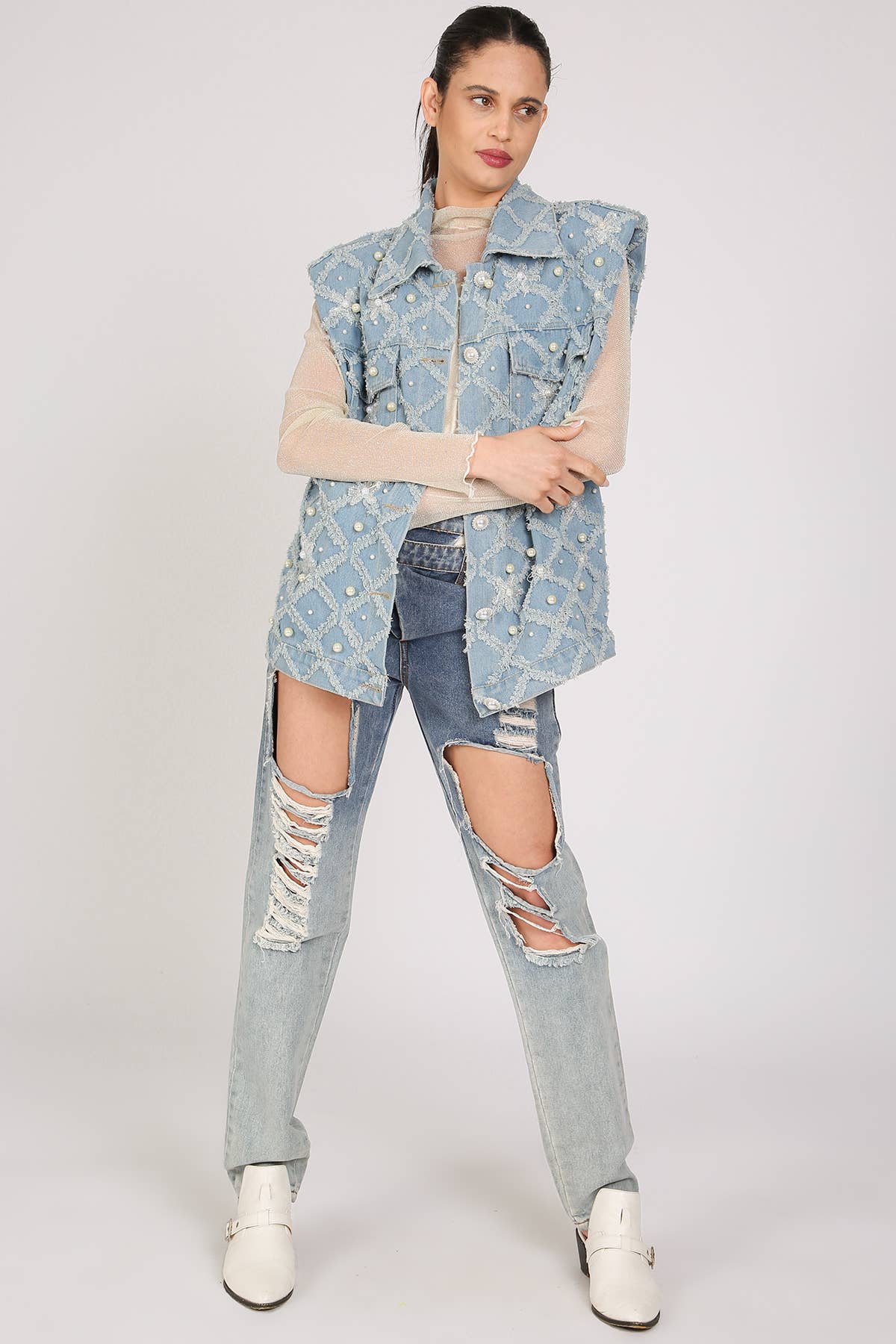 Denim Vest- Fringed & Multi-Pearled