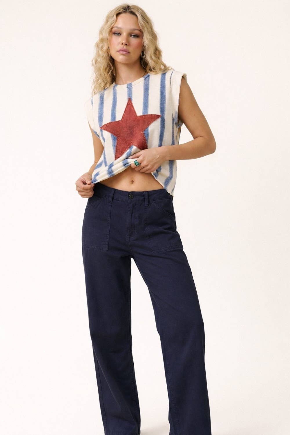 Top- Star Patch Striped Sleeveless Knit