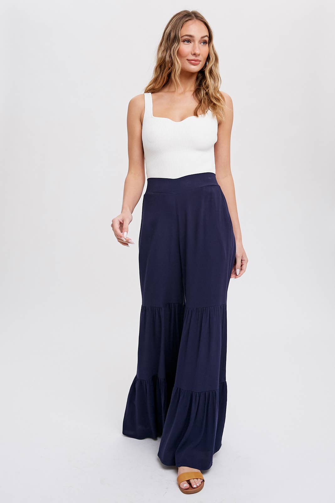 TIERED RUFFLE HIGH WAISTED WIDE-LEG PANTS